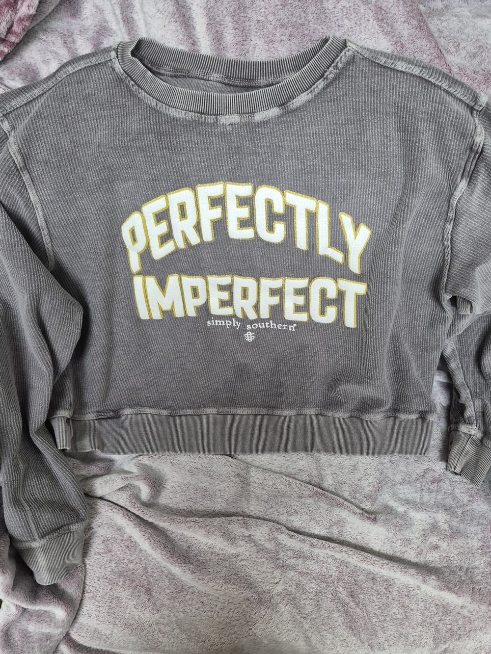 Simply Southern Gray Cropped Crewneck with Yellow-Outlined Text